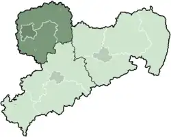 Map of Saxony highlighting the former Direktionsbezirk of Leipzig