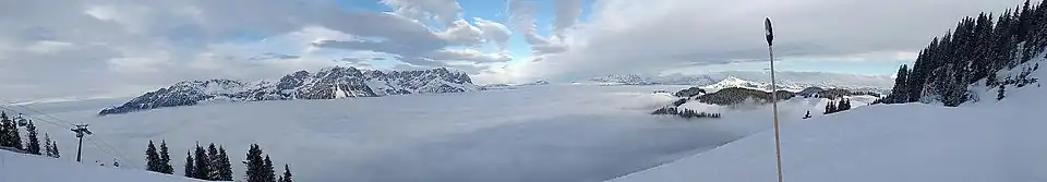 Panorama of the Wilder Kaiser as seen from the top station of the Brandstadlbahn