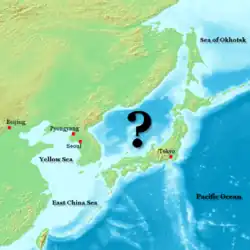The waters that are bordered by Sakhalin in the north-east, Japan in the east and south, Korea in the west and continental Russia in the north are marked with a question mark