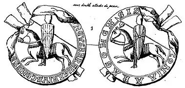 Double-sided seal of Ramon Berenguer IV, Count of Barcelona. Proven use in 1150. May date from 1144/46.[Ni 5] Drawing by Joseph Laugier[19] published in 1860.[20]