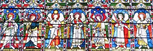 Seven archangels depicted in the stained-glass window at St Michael's Church, Brighton; from left: Michael, Gabriel, Uriel, Chamuel (Camael), Raphael, Jophiel, and Zadkiel