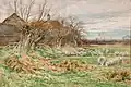 Charles James Adams - Sheep grazing on bleak winter pastureland. Watercolour.