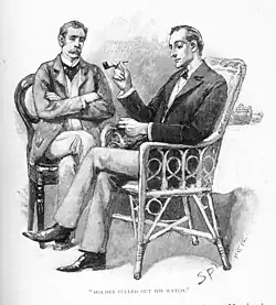Holmes and Watson sitting in two chairs: Watson has his arms crossed; Holmes is filling his pipe
