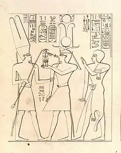 Shoshenq I (middle) gives offering to Amun (left), accompanied by his son Iuput (right), drawn by Ippolito Rosellini at the Bubastite Portal.