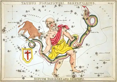 Ophiuchus holding the serpent, Serpens, as depicted in Urania's Mirror, a set of constellation cards published in London c. 1825. Above the tail of the serpent is the now-obsolete constellation Taurus Poniatovii while below it is Scutum.