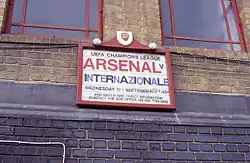 A placard advertising Arsenal's opening match in the Champions League against Inter Milan of Italy.