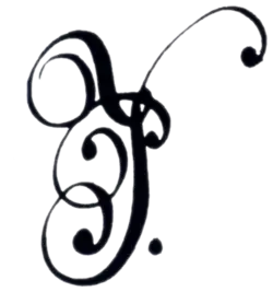 Cursive monogram or cipher P with flourishes and followed by a single dot