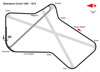 1952 to 1974: following the relocation of the pits area. Track length: 4.711 km. Lap record: Ronnie Peterson, Lotus-Ford, 1:16.3 (1973 British Grand Prix). This configuration was used by Grand Prix motorcycle racing until 1986.