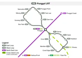 A map of the Punggol LRT Line in Singapore. It displays two loops: the East Loop and the West Loop, both connected to the central Punggol station (PTC NE17 CP4). The map also shows interchanges with the North East Line (NEL) at Punggol and the future Cross Island Line (CRL) at Punggol and Riviera.