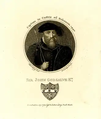 Sir John Godsalve, Kt, 1792. Engraving by R. Clamp after Silvester Harding, from a miniature by John Bettes[7][8]