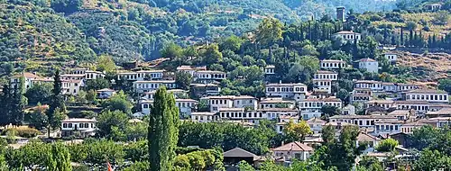 a small village of blue houses, next to a mountain