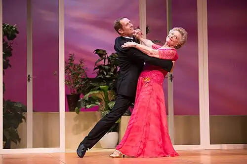 Todd McKenney and Nancye Hayes while dancing the waltz in a performance of the play Six Dance Lessons in Six Weeks