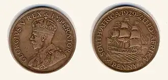 A 1929 South African penny, featuring King George V.
