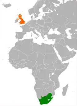 Map indicating locations of South Africa and United Kingdom