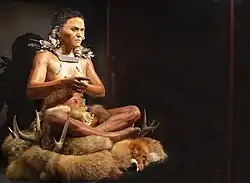 A late Scandinavian Hunter-Gatherer dated circa 7,000 BP, from Skateholm, near Trelleborg in southwest Sweden. Reconstruction by Oscar Nilsson, Trelleborgs Museum.[5][6]