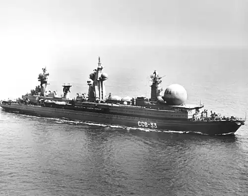 The Soviet nuclear-powered command and control naval ship SSV-33 Ural in 1988