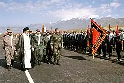 Ayatollah Ali Khamenei inspecting troops with the Islamic Republic military colours during a special ceremony.