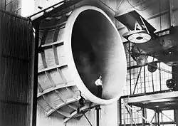 Photo of a M-1 being tested in a Langley Research Center's wind tunnel in mid-1927.