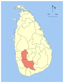 Map indicating the extent of Sabaragamuwa Province within Sri Lanka
