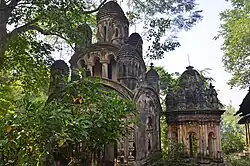 Alui: Nava ratna Sridhara temple with rasmancha built in 1880 (in picture) and another nava ratna temple built in 1860 (renovated), both with terracotta carvings.