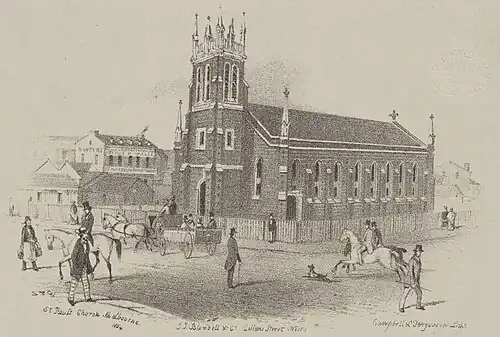 Lithographic print of the first St Paul's Church Melbourne 1854 by S. T. Gill