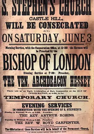 Poster announcing the consecration of the permanent church on 3 June 1876