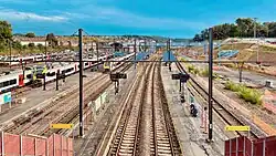 Looking down at the platforms and tracks from the north side