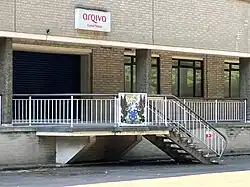 Stepped entrance to Crystal Palace Transmitting Station showing the original BBC coat of arms