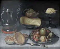 Still life with pewter jug, fruit, and cheese