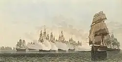 On a choppy sea two lines of sailing vessels, one of at least three ships and one of five ships, fire clouds of smoke at one another.