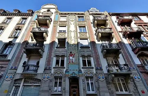 Mixed with Art Nouveau – Egyptian House (Rue du Général Rapp no. 10), Strasbourg, France, designed by the architect Franz Scheyder in collaboration with painter Adolf Zilly, 1905–1906[26]