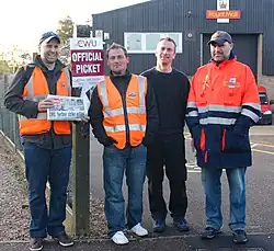 A group of striking postal workers man a Picket line at the Royal Mail's Bowthorpe depot in Norwich cin 2009.