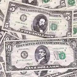Both members' faces superimposed onto mock US dollar bills