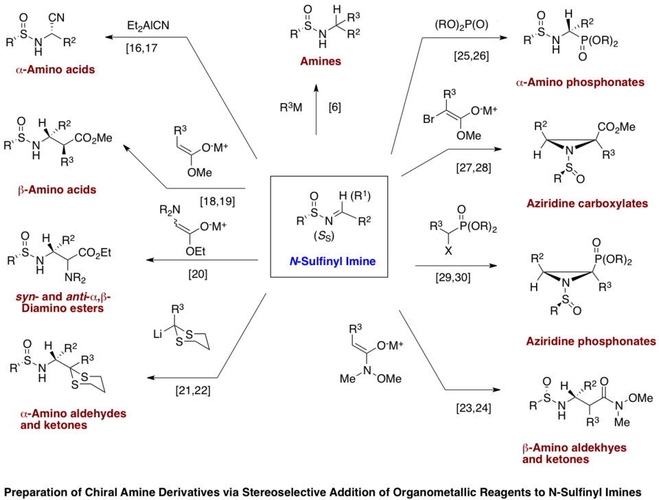 Application of N-sulfinyl imines in preparation of chiral amine derivatives