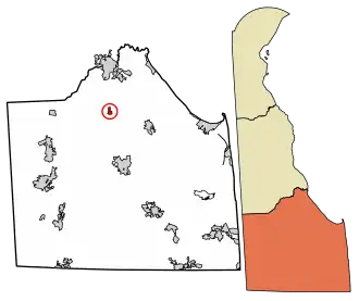 Location of Ellendale in Sussex County, Delaware (left) and of Sussex County in Delaware (right)