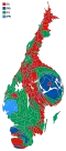Cartogram of the map to the left with each municipality rescaled to the number of valid votes cast.