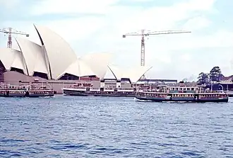 Lady Edeline, Manly ferry North Head, and Lady Ferguson in Sydney Cove with the Sydney Opera House under construction