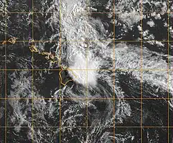 Satellite image of a disorganized area of clouds approaching the Hawaiian islands.
