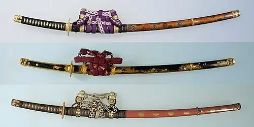 Tachi mountings decorated with maki-e. Top and bottom: Itomaki-no-tachi style sword mountings. Edo period, 1800s. Tokyo National Museum