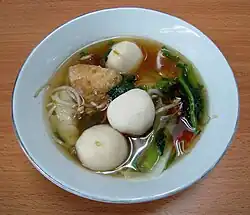 Bakso ikan (fish balls) with tofu soup in Indonesia