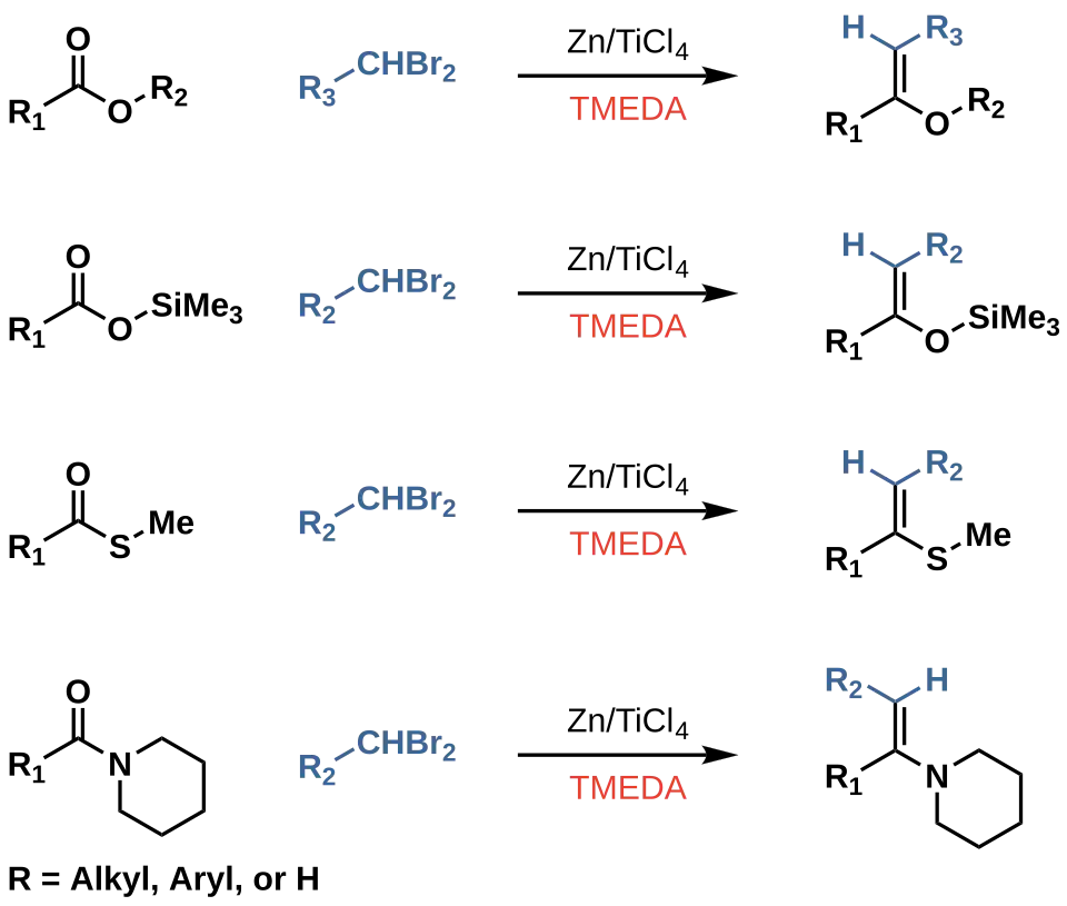 Takai and coworkers reported an additional variation which allowed for the attack of carboxylic acid derivatives to form enol ethers, enol thioethers, and enamines through attack of esters, thioesters, and amides respectively. The variation requires precomplexation of the active reagent with TMEDA prior to addition of the carboxylic acid derivatives.