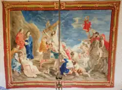 Photograph of an antique tapestry reproducing Rubens' triptych 'The Elevation of the Cross'. Woven by Jean-Baptiste Vermillion in the 18th century, in the Episcopal Palace of Segovia.