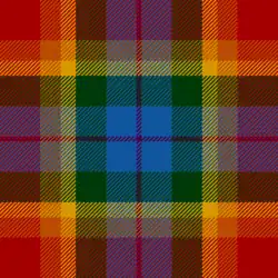 A fairly traditional tartan pattern, but rendered in a rainbow selection of blue, purple, red, orange, yellow, and green.