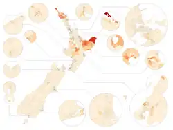 Map of New Zealand showing the percentage of people in each census area unit who speak Māori. Areas of the North Island exhibit the highest Māori proficiency.