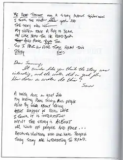 Teacher writing with a student about a story they have read