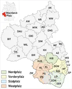 Map of the modern State of Rhineland-Palatinate with the Palatinate region highlighted and further subdivided into its sub-regions: North Palatinate (green), Anterior Palatinate (yellow), South Palatinate (blue) and West Palatinate (red)