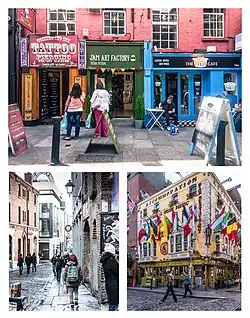 Clockwise from top: Shops along Crown Alley, the Oliver St. John Gogarty bar, pedestrians on Fownes Street