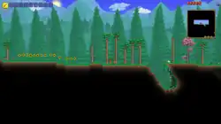 A screenshot of Terraria, showcasing trees, sunflowers, the player character and the guide non-playable character