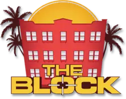 Blue background with yellow lettering