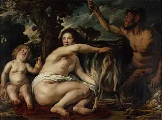 Painting showing a woman milking a goat, beside an infant and a satyr